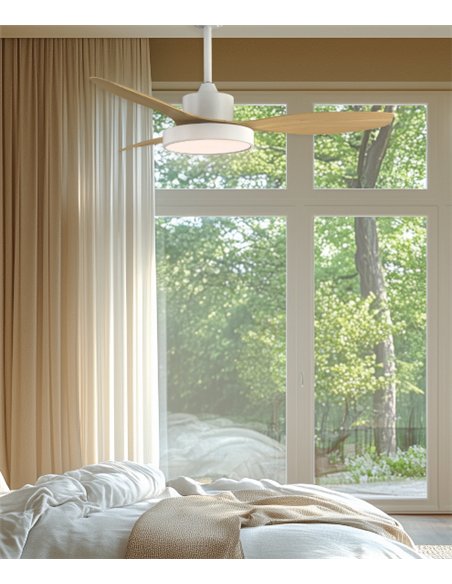 Ventilador de techo con luz Nilo - ALG - Palas fijas efecto madera con acabado blanco y función verano/invierno