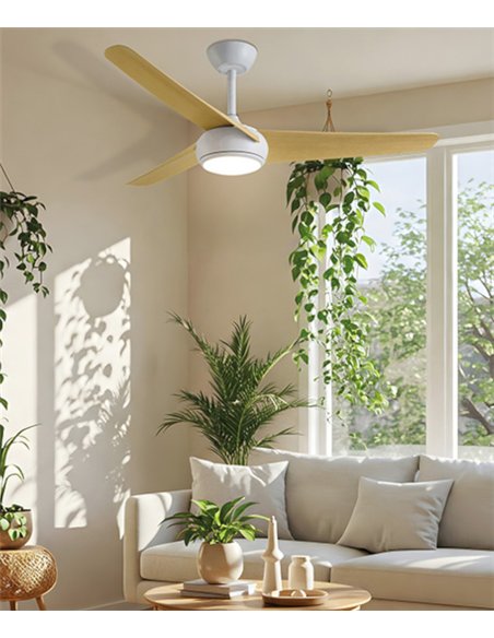 Ventilador de techo con luz LED Támesis - ALG - Blanco con aspas de madera y mando a distancia