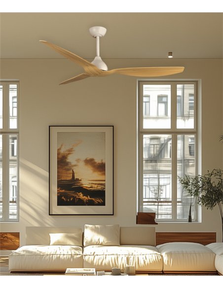 Ventilador de techo sin luz Duero - ALG - Palas efecto madera con acabado blanco y motor ultrasilencioso