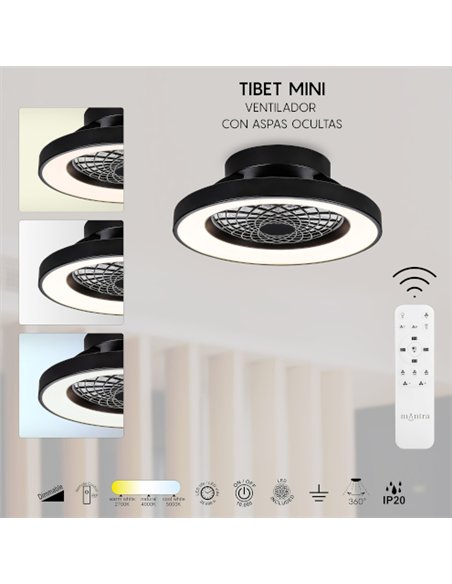 Plafón ventilador con luz Tibet Mini - Mantra - Negro con LED regulable, motor ultrasilencioso y mando a distancia