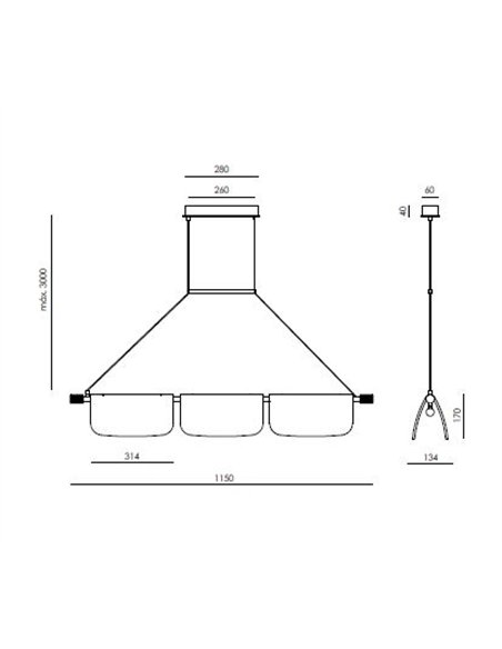 Lámpara colgante Lida - Aromas – Diseño lineal con 3 pantallas de cristal