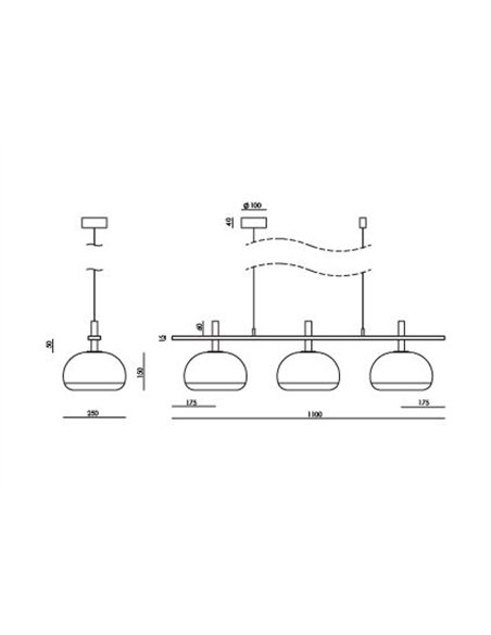 Lámpara colgante Cloud - Aromas - Diseño lineal con 3 tulipas de cristal