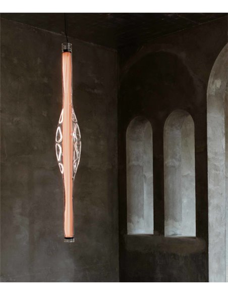 Lámpara colgante Dune Vertical – LZF – Lámpara de madera natural y vidrio soplado, LED regulable, Alto: 120 cm