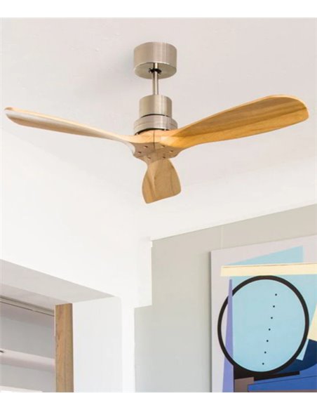 Ventilador de techo con 3 palas sin luz y motor DC niquel mate/pino Mini Lantau - Faro
