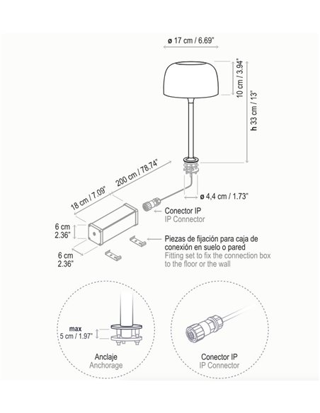 Lámpara de mesa Bol – Bover – Lámpara con anclaje para suelo o pared, LED 1200 lm 2700K