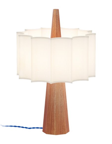 Lámpara de mesa Rain – Robin – Lámpara de madera de castaño con pantalla blanca, Cable azul