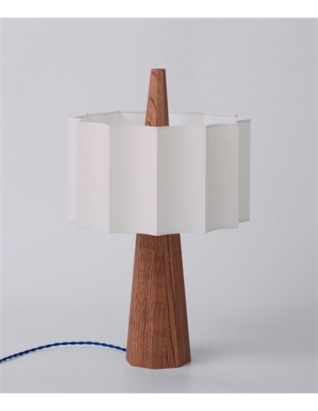 Lámpara de mesa Rain – Robin – Lámpara de madera de castaño con pantalla blanca, Cable azul
