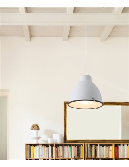 Lámpara colgante Charlotte – Faro – Pantalla de acero en gris o blanco, diseño industrial