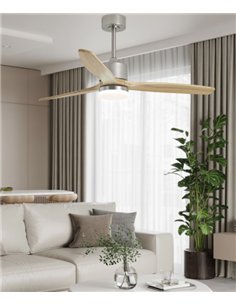 Ventilador de techo con luz Madeira - AJP - Palas de madera natural con acabado níquel satinad, ultrasilencioso