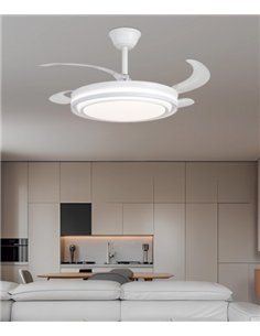 Ventilador de techo con luz Korfu - AJP - Blanco con aspas retráctiles, luz regulable y mando a distancia