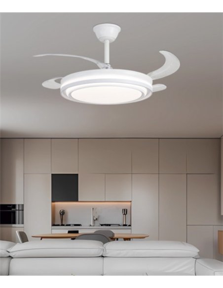 Ventilador de techo con luz Korfu - AJP - Blanco con aspas retráctiles, luz regulable y mando a distancia