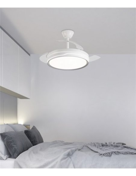 Ventilador de techo con luz Lima - AJP - Ventilador blanco y plata con aspas retráctiles, luz regulable y mando a distancia