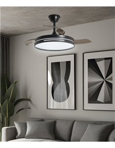 Ventilador de techo con luz Togo - AJP - Ventilador negro ultrasilencioso con aspas retráctiles, luz regulable y mando a distanc
