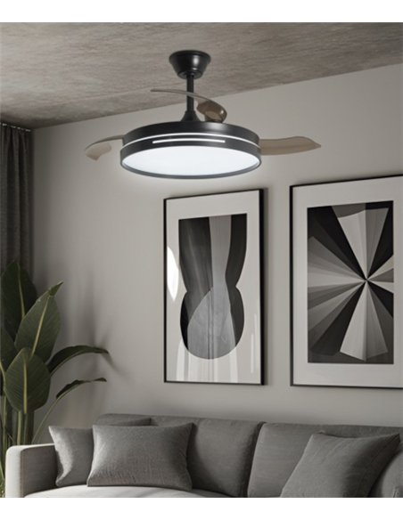Ventilador de techo con luz Togo - AJP - Ventilador negro ultrasilencioso con aspas retráctiles, luz regulable y mando a distanc