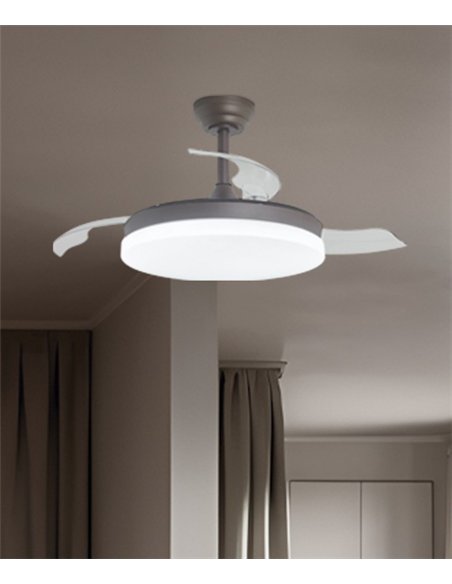 Ventilador de techo con luz Mini Malta - AJP - Acabado café compacto con aspas retráctiles, luz regulable y mando a distancia