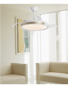 Ventilador de techo con luz Samaná - AJP - Aspas retráctiles, acabado blanco y oro con luz regulable