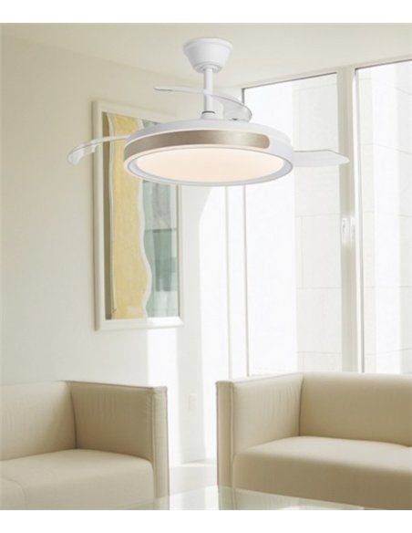Ventilador de techo con luz Samaná - AJP - Aspas retráctiles, acabado blanco y oro con luz regulable