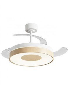 Ventilador de techo con luz Duna - AJP - Luz regulable, acabado blanco y madera y aspas retráctiles