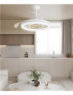 Ventilador de techo con luz Bribón - AJP - Aspas retráctiles en blanco y madera con difusor decorativo