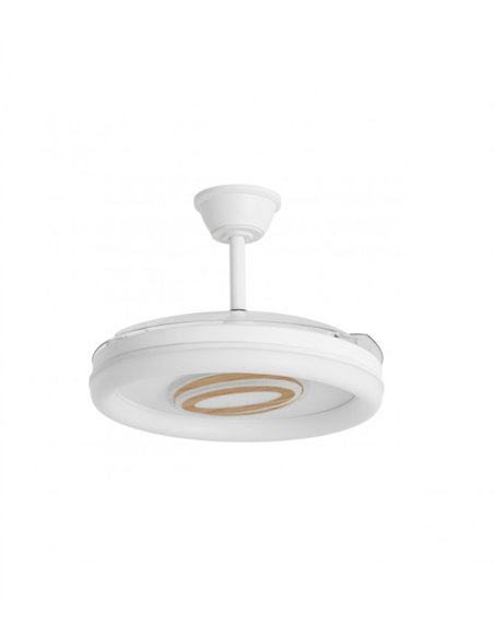 Ventilador de techo con luz Bribón - AJP - Aspas retráctiles en blanco y madera con difusor decorativo