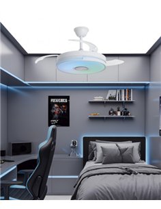 Ventilador de techo con luz Auron - AJP - Ventilador blanco con RGB, altavoz Bluetooth y aspas retráctiles