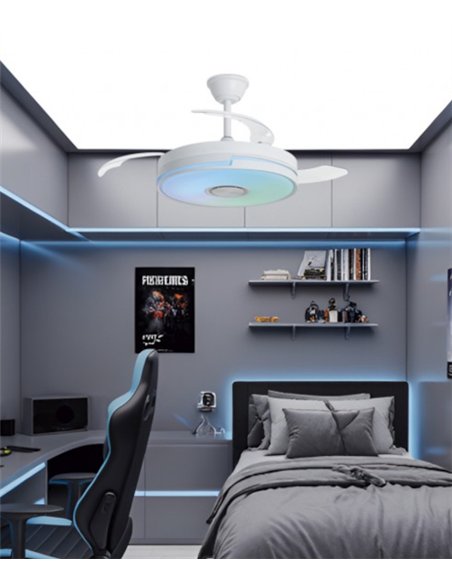Ventilador de techo con luz Auron - AJP - Ventilador blanco con RGB, altavoz Bluetooth y aspas retráctiles