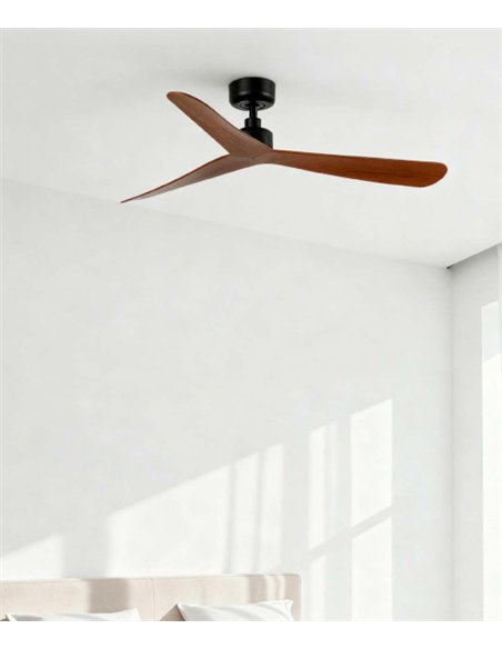 Ventilador de techo sin luz Rocker L - Faro - Acabado negro y nogal con 3 palas, ultrasilencioso y apto para techos inclinados