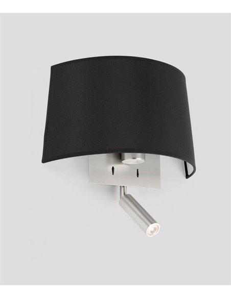 Wall light with reader Volta - Faro - Black/white textile lampshade