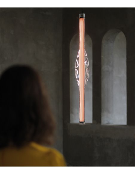 Dune Vertical pendant light - LZF - Natural wood and blown glass pendant light, dimmable LED, Height: 120 cm