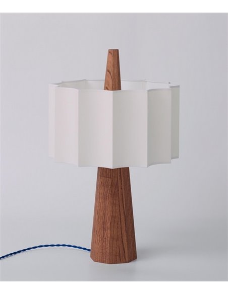 Rain table lamp - Robin - Chestnut wood lamp with white lampshade, Blue cable