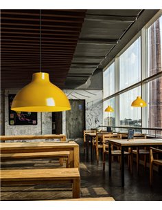 Parabolic pendant light - Luxcambra - Industrial design in black and mustard, Ø 35 cm