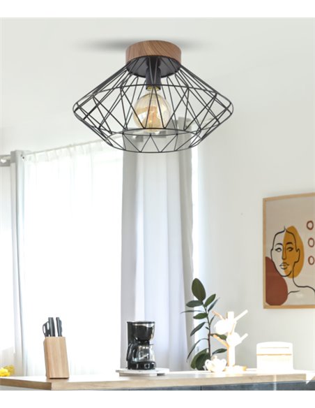 Sequoia ceiling light - IDP Lampshades - Metal and wood effect cage lamp