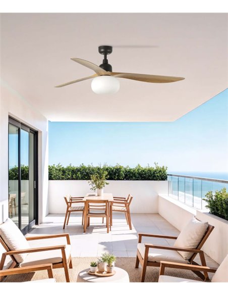 Outwood L Smart ceiling fan with light - Faro - Oak wood blades, suitable for outdoor use