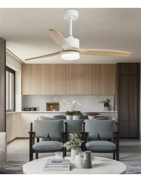 Madeira ceiling fan with light - AJP - White and natural wood ceiling fan with remote control and breeze mode