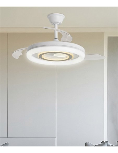 Bribón ceiling fan with light - AJP - White and silver ceiling fan with retractable blades and dimmable light